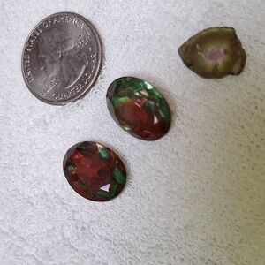 Watermelon tourmaline 2 faceted stones foil leaf back side. 1 Watermelon slice